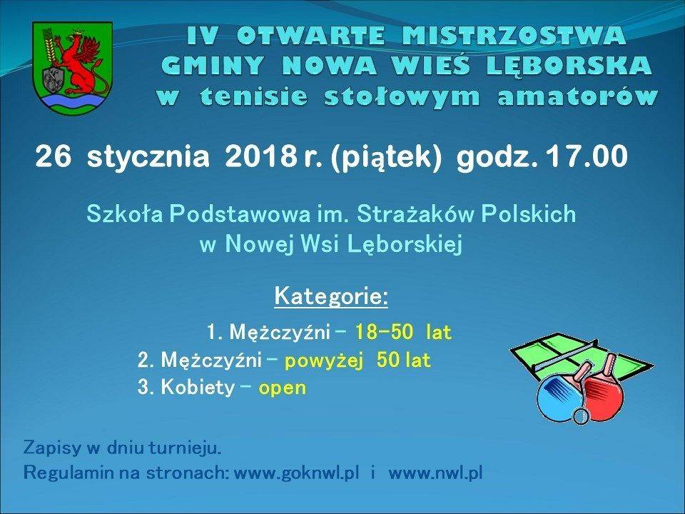 Grafika 1: ZAPRASZAMY  NA IV  OTWARTE  MISTRZOSTWA  GMINY NOWA  WIEŚ  LĘBORSKA W  TENISIE  STOŁOWYM  AMATORÓW 2018